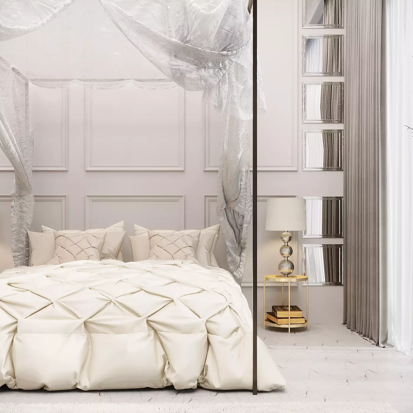 Reflective surfaces bring new sparkle to the softly neutral sleeping area