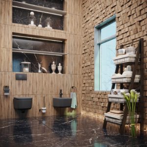 Vertical use of space in a black marble bathroom with brown accents