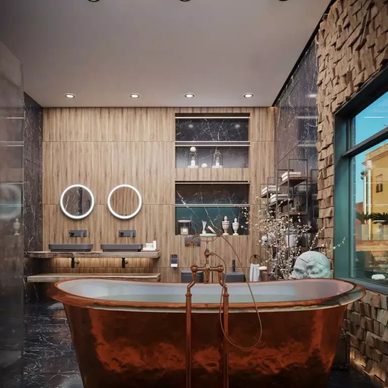 Antique copper bathtub in a black and brown bathroom