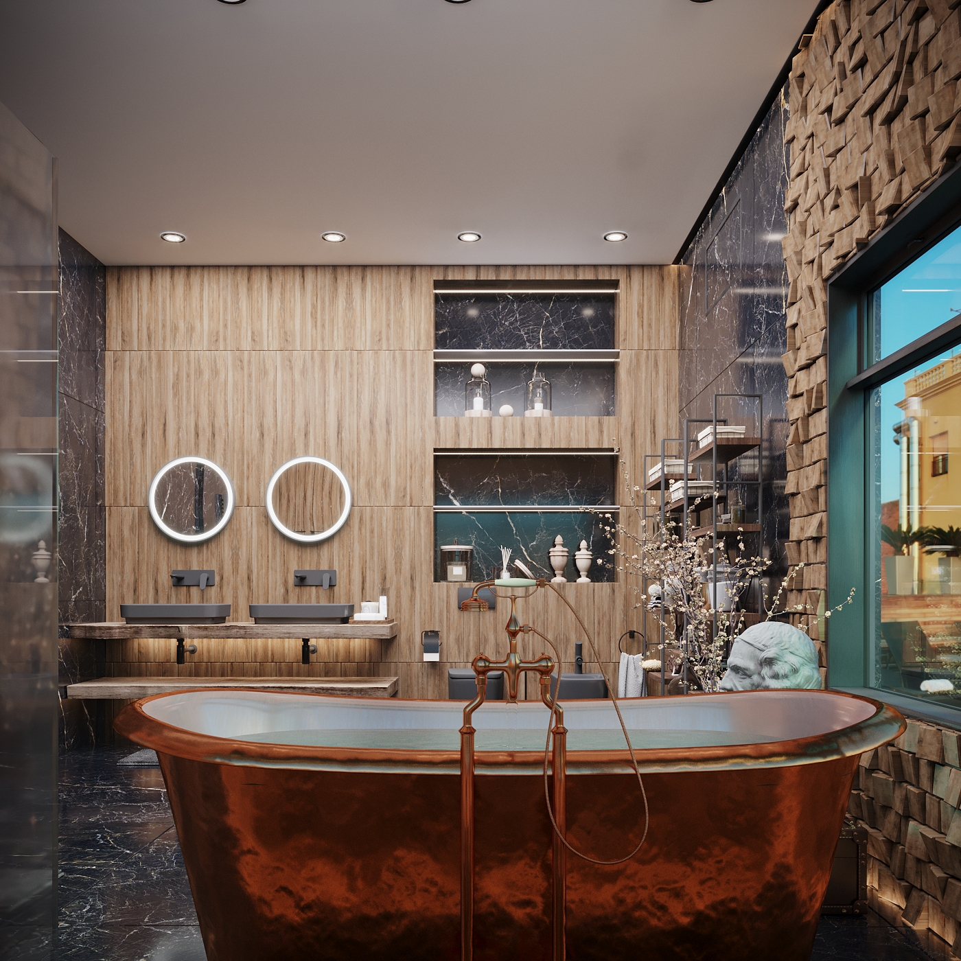 Antique copper bathtub in a black and brown bathroom