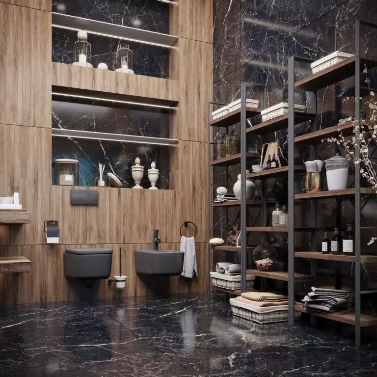 Fancy black marble and Industrial appeal: raw texture polished with luxe in a modern bathroom