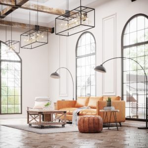Raw and chic: Modern Farmhouse pendants throw delicate light on the seating zone