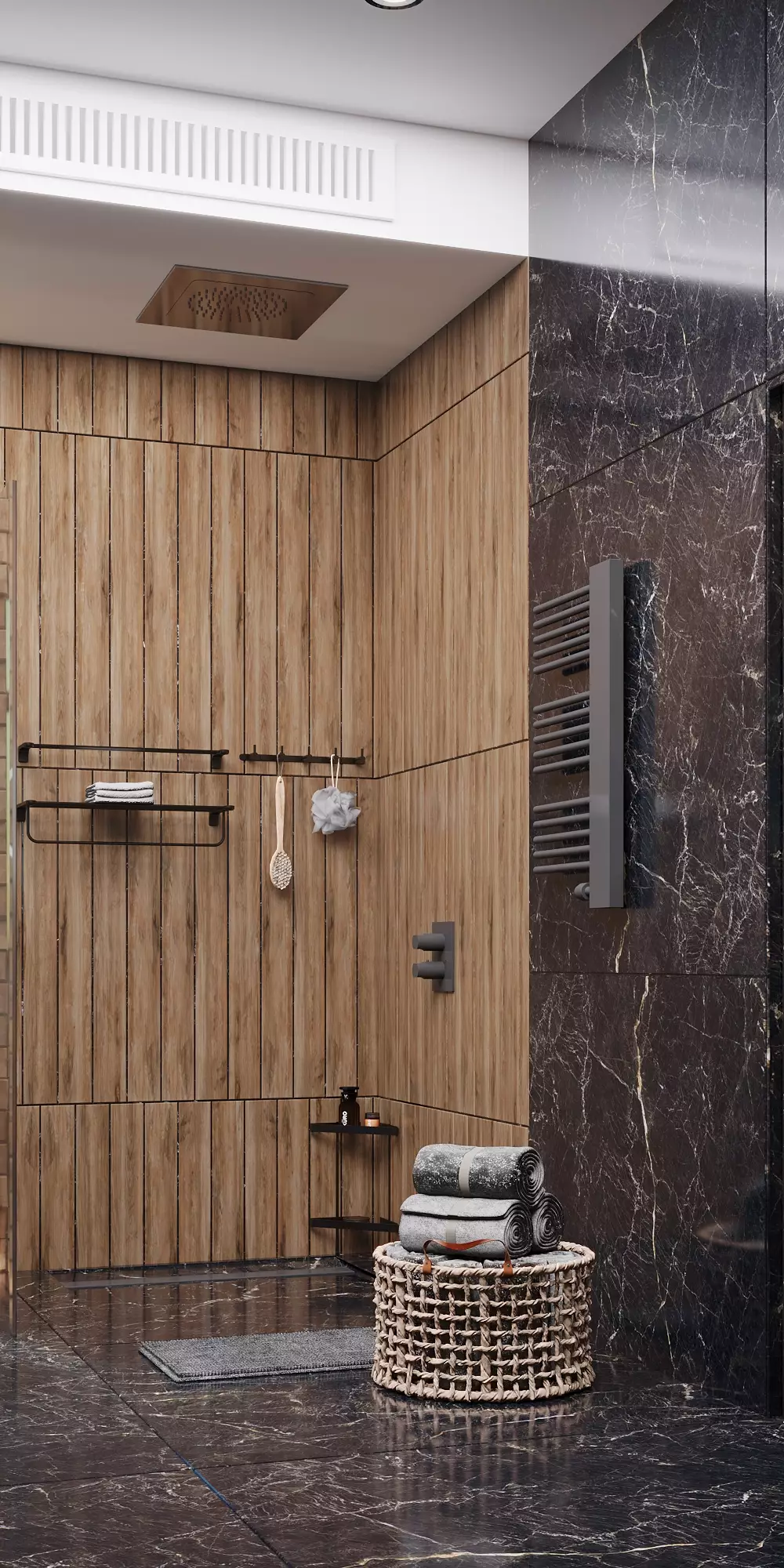 Ultra-modern shower stall updates the luxury black marble bathroom