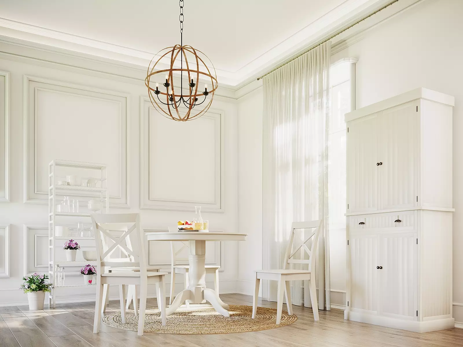 Snowy-white dining area bathed in natural light