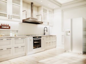 White cabinets and black hardware in the kitchen