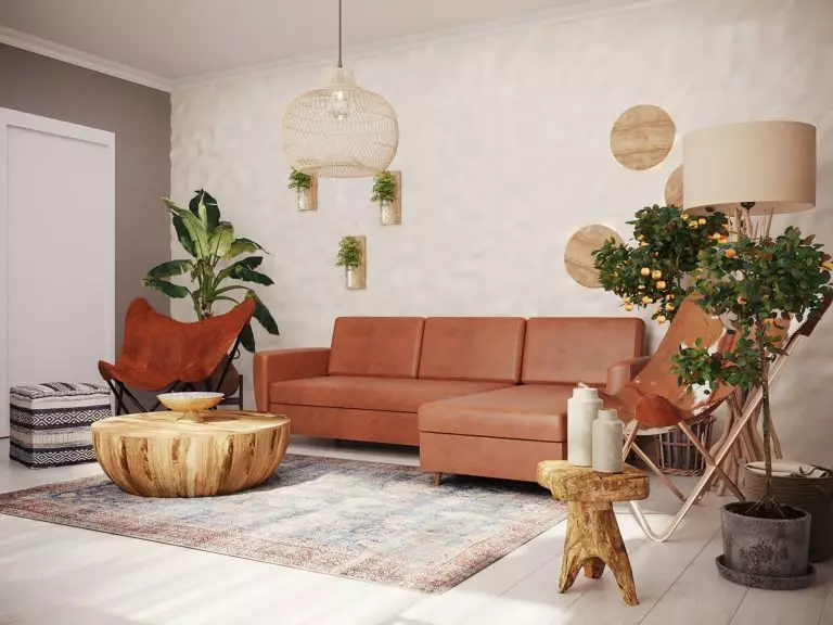 A trendy earthy color scheme in a Modern living room