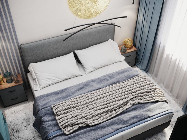 White, gray, and blue-gray in a Modern sleeping space