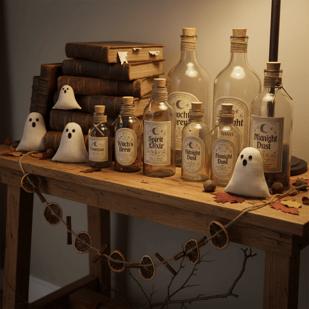 A wooden console table features a collection of vintage-style glass potion bottles with cork stoppers, small handmade fabric ghosts, and a stack of old books. A garland of dried citrus slices and cinnamon hangs below the table, amidst scattered autumn leaves, creating a DIY Halloween console table display.