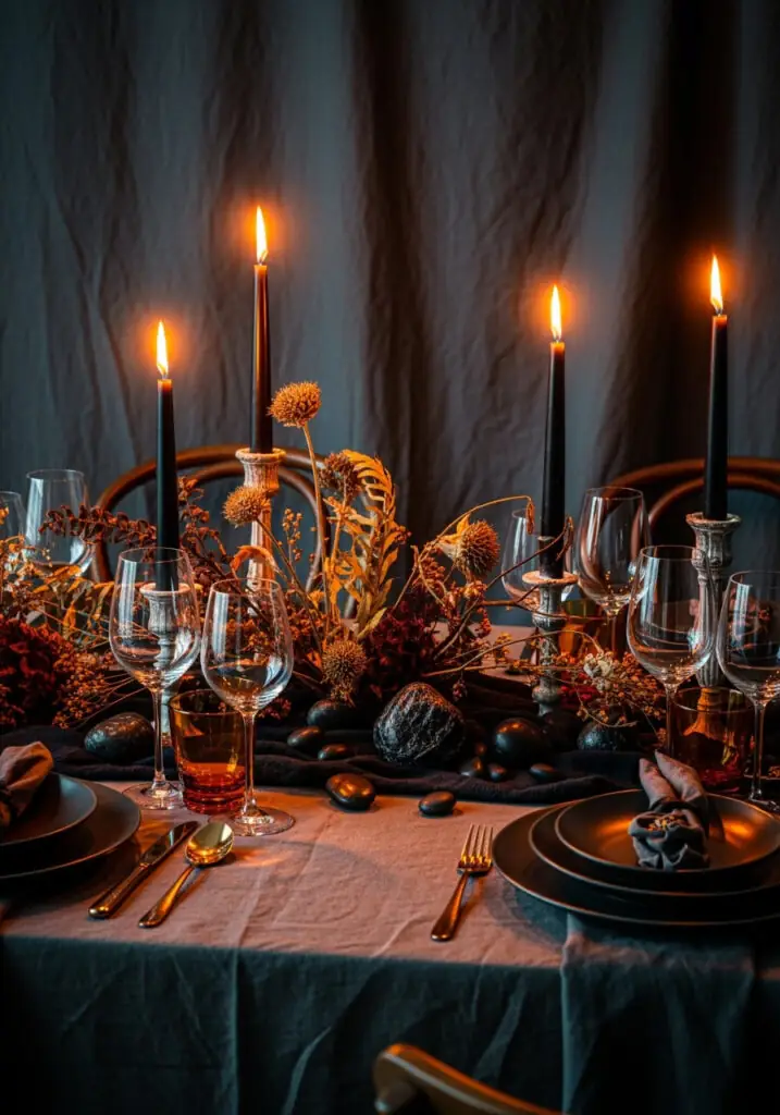 A dramatically set dining table with a dark linen tablecloth, adorned with tall black taper candles in vintage holders and an organic centerpiece of dried thistles and dark botanicals. Dark plates, clear wine glasses, and antique-style cutlery complete this elegant Halloween tablescape for a gothic dining decor theme.