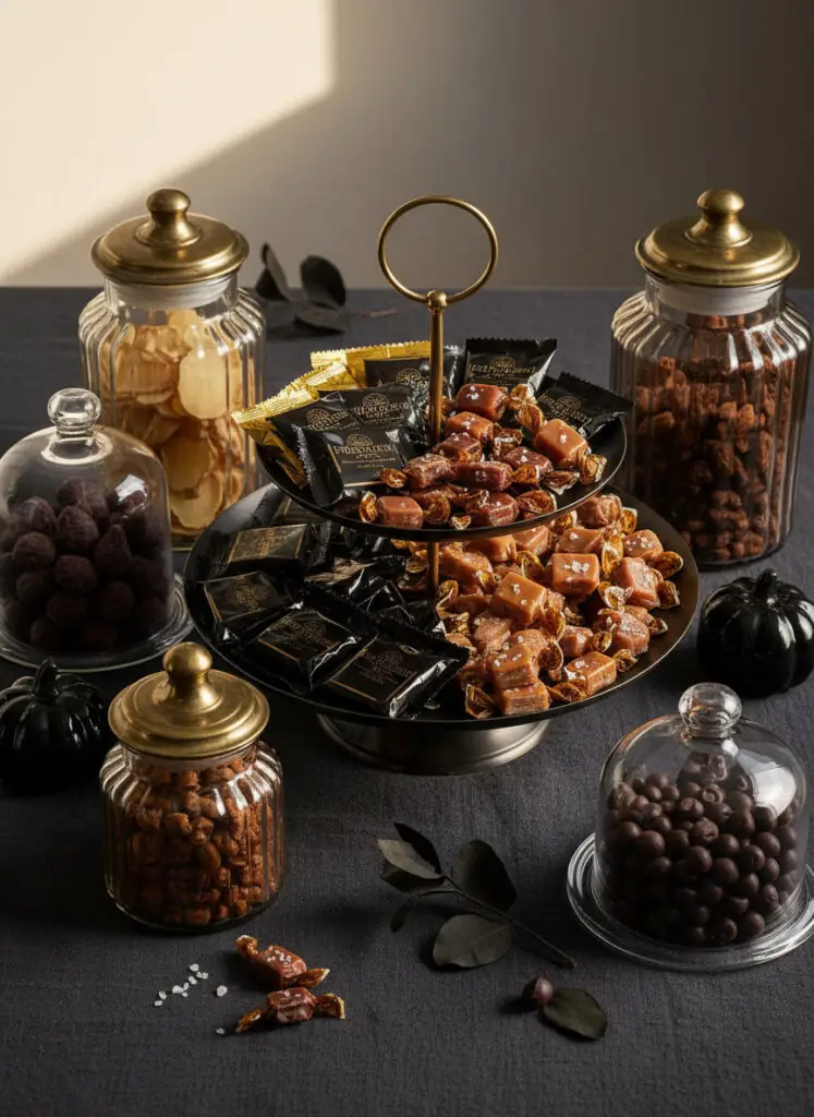 A tiered platter at the center holds gourmet chocolates and caramels. Surrounding it are glass jars with brass lids, filled with various snacks like dried nuts and fruit. Small black decorative pumpkins are placed on a dark grey tablecloth, showcasing an elegant Halloween candy display.