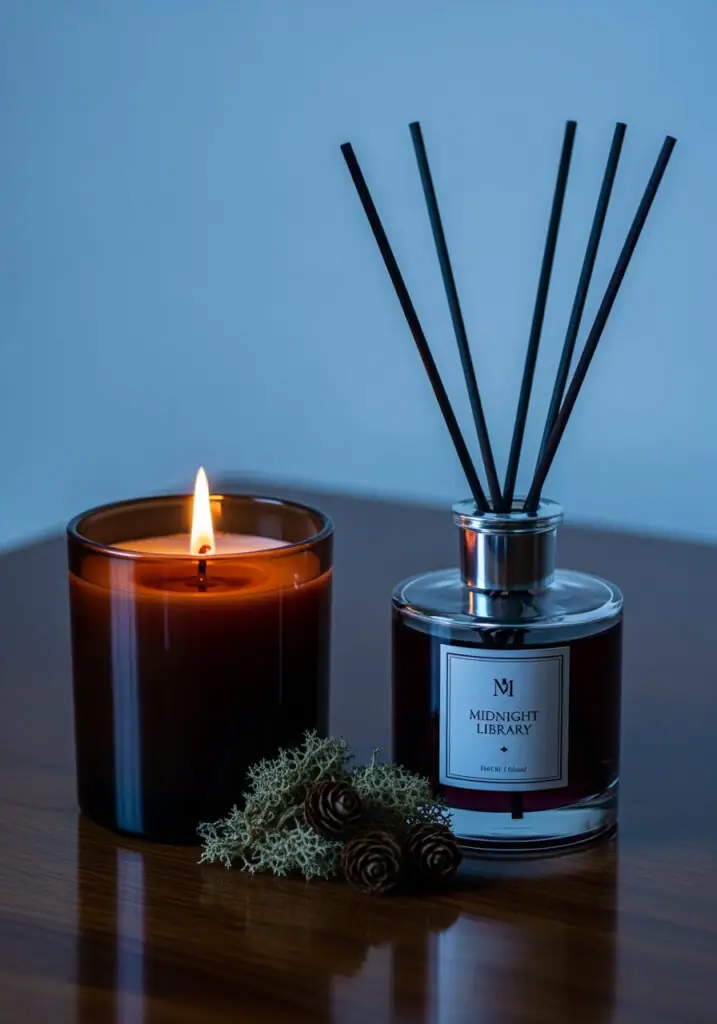 A lit dark amber candle in a glass holder sits next to a reed diffuser labeled "Midnight Library" on a wooden table. Small pinecones and moss are placed between them, creating a setup for sophisticated Halloween home scents.
