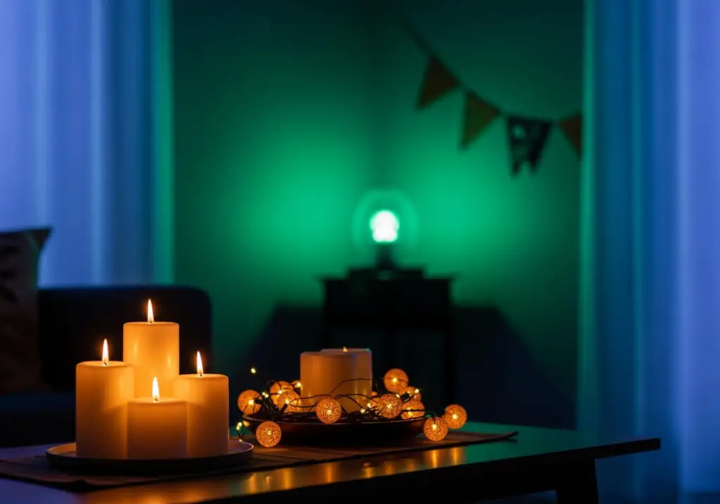 A dimly lit room featuring a foreground table with lit pillar candles and a string of amber fairy lights. The background wall is washed in a soft green glow, while blue light spills from the side, creating a layered Halloween lighting effect and a cozy, moody Halloween ambiance.