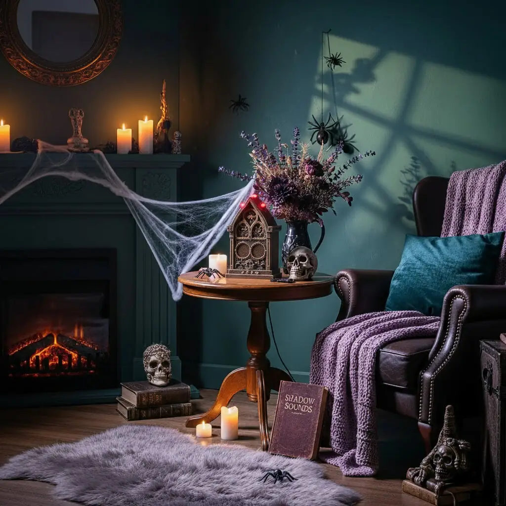 A cozy living room corner featuring a fireplace with a faux fire glow, a dark green wall, and a leather armchair. A side table holds a vase of dark flowers and skull decor, with a delicate web draped on the mantel. A book titled "Shadow Sounds" rests on the floor next to candles, hinting at a Halloween soundscape decor.
