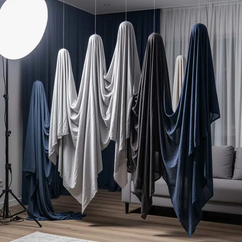 Contemporary living room with several draped fabrics in grey, charcoal, and deep blue, hanging from the ceiling to resemble abstract, flowing ghost figures. A large studio light is visible on the left. This modern Halloween decor creates an ethereal effect.