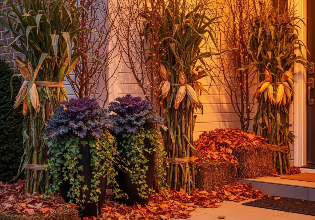 A home's exterior decorated for fall with tall corn stalks tied with natural twine, large black planters filled with vibrant purple kale and trailing ivy, bales of hay, and scattered autumn leaves. Warm string lights are woven through bare branches in the background, showcasing natural outdoor Halloween decor.