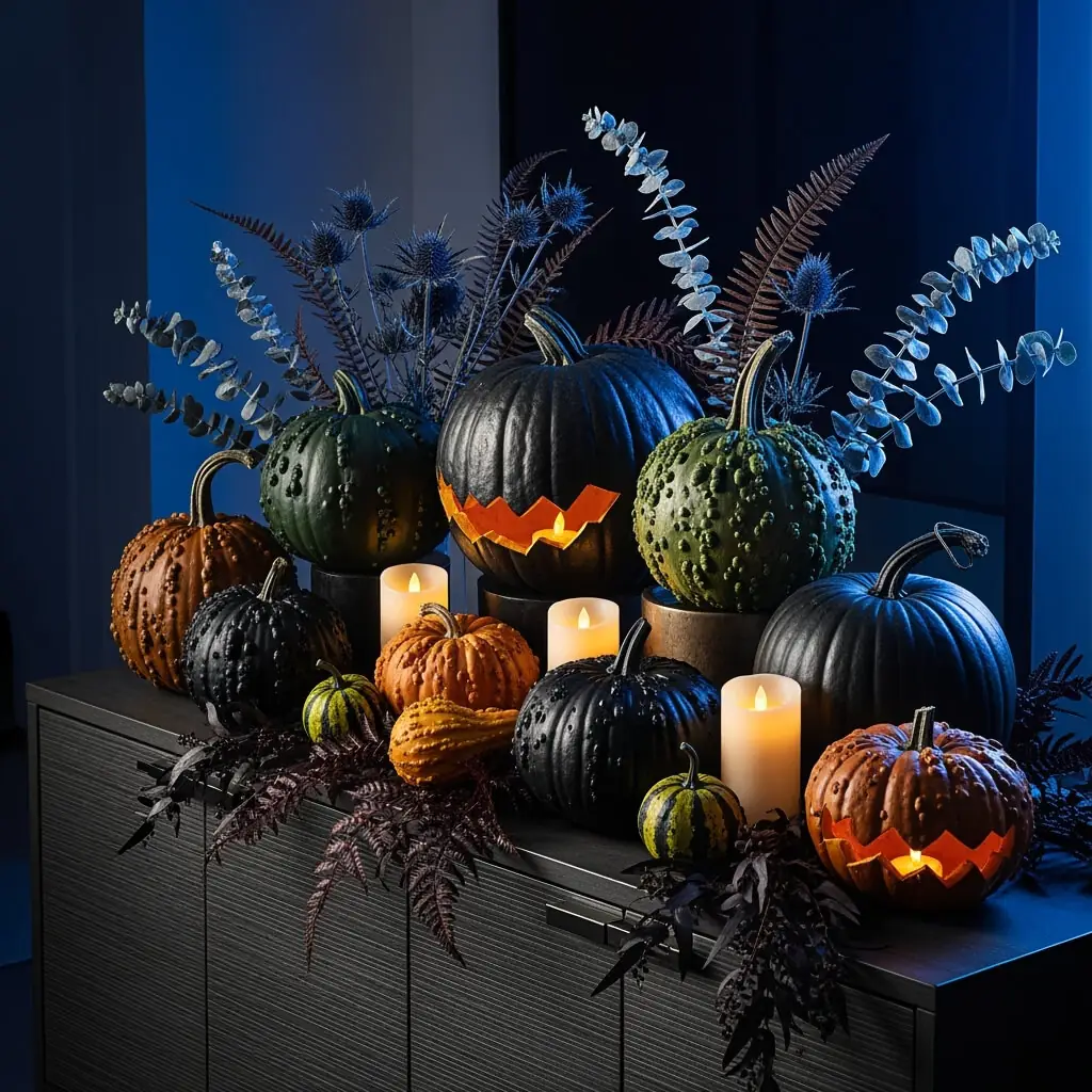 A stylish arrangement of matte black, dark green, and rustic orange decorative pumpkins, some subtly lit from within, displayed on a dark credenza. The grouping includes dried thistles and eucalyptus, set against a dark blue background, offering elegant pumpkin decor.