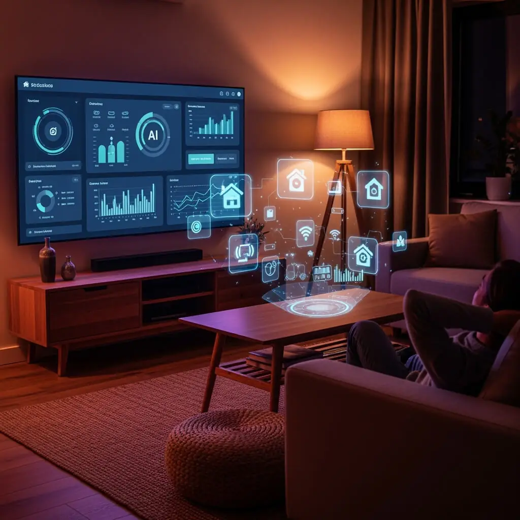 Personne se détendant dans un salon moderne doté de commandes holographiques pour maison intelligente et d'un tableau de bord IA mural.