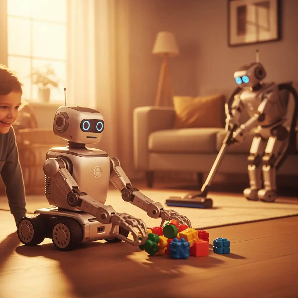 Enfant regardant deux robots sympathiques, un nettoyant et un ramassant des jouets dans une maison.
