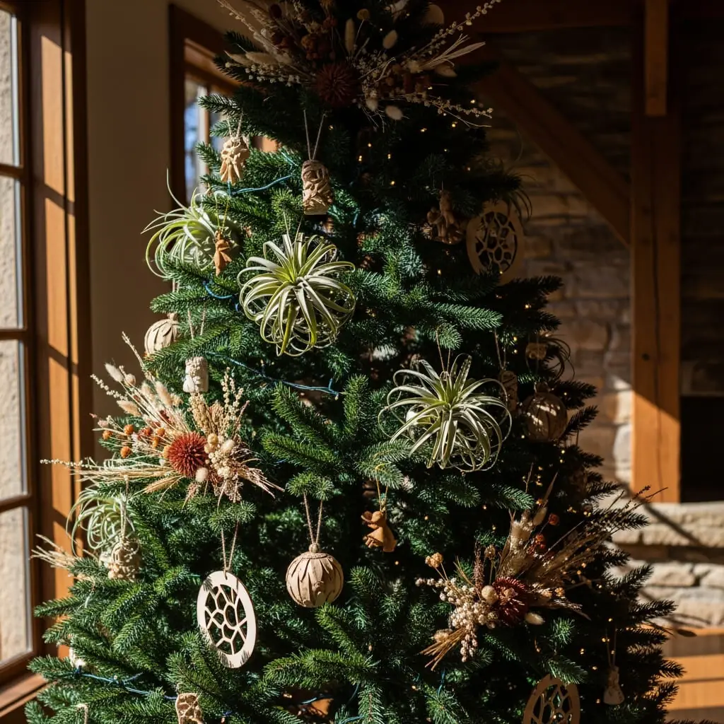Christmas tree with natural wood ornaments, dried botanicals, and air plants.