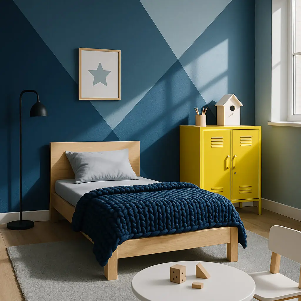 Peinture murale géométrique bleue, casier jaune, design moderne.