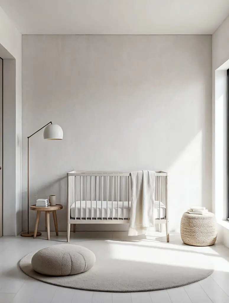 Scandinavian nursery with light beechwood crib, round white rug, and cozy woven pouf.