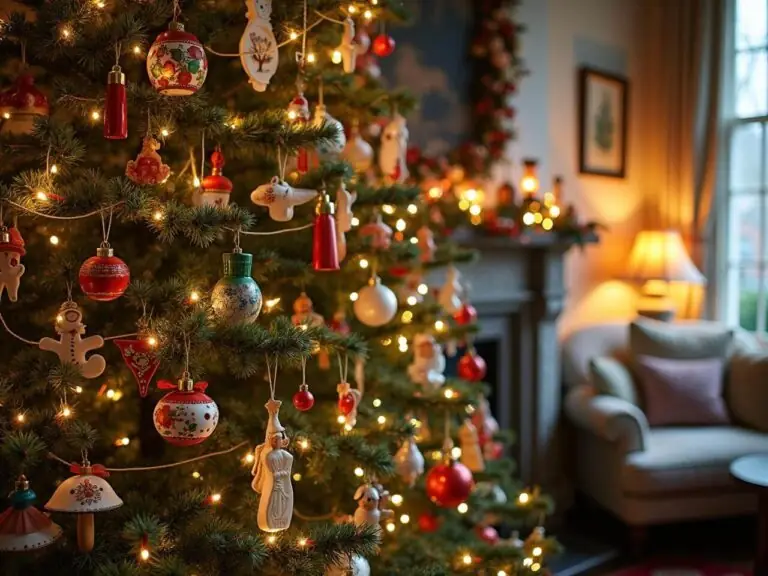 Detailed view of a Christmas tree decorated with a mix of rustic, whimsical, and traditional red and white ornaments, sparkling with fairy lights.