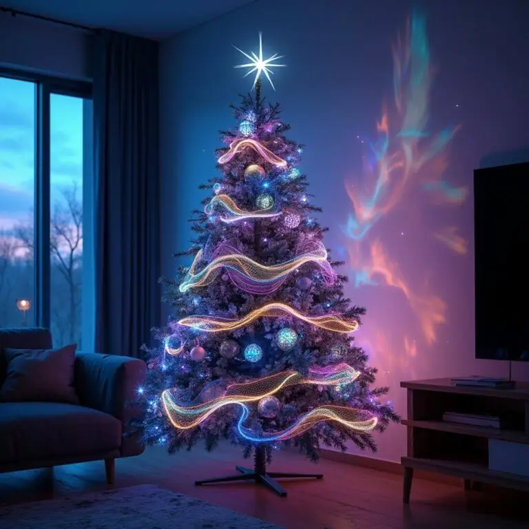 Dark Christmas tree with wavy colorful LED lights and abstract wall projections.