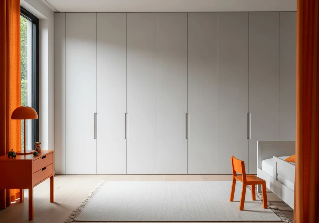 Une chambre d'enfant moderne avec un mur d'armoires encastrées blanches, des rideaux orange vif et une table de chevet orange.