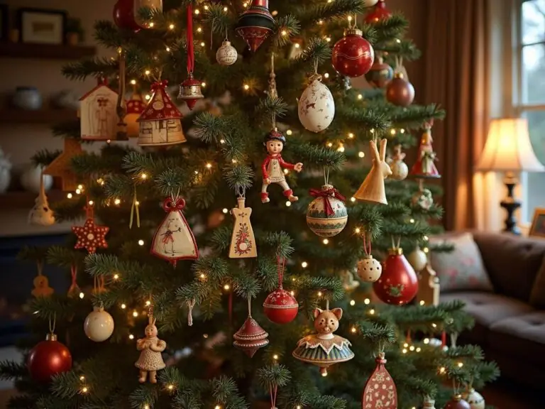 Warmly lit Christmas tree with classic red and white ornaments, set in a cozy living room with a blurred fireplace and armchair in the background.