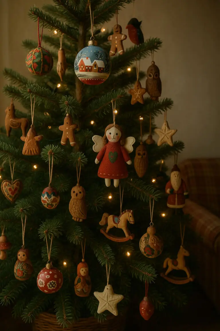 Close-up of a festive Christmas tree adorned with traditional and whimsical ornaments, glowing with golden string lights and a dynamic light trail.