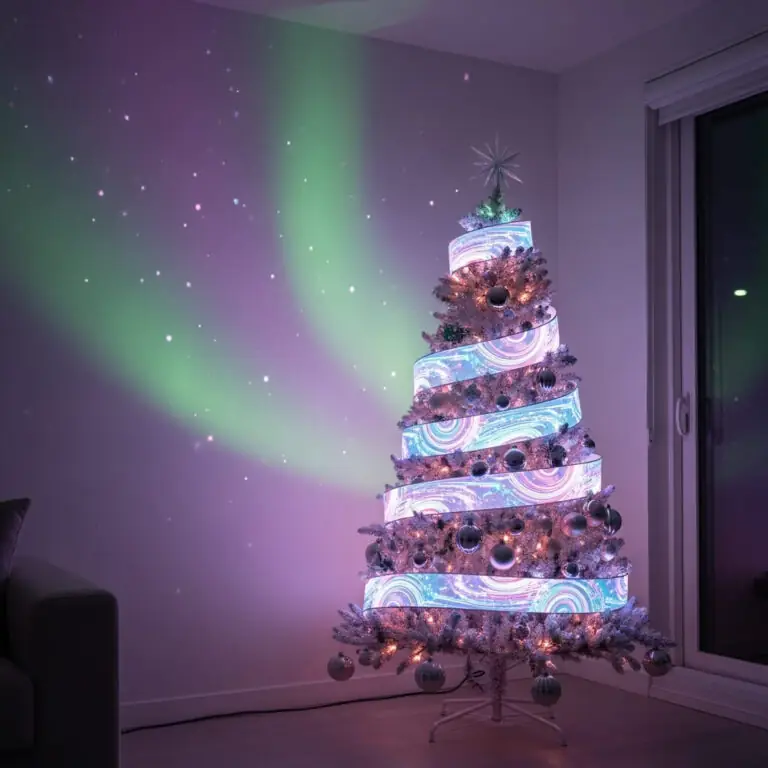 Digital white Christmas tree with glowing spiral ribbon and aurora projection.