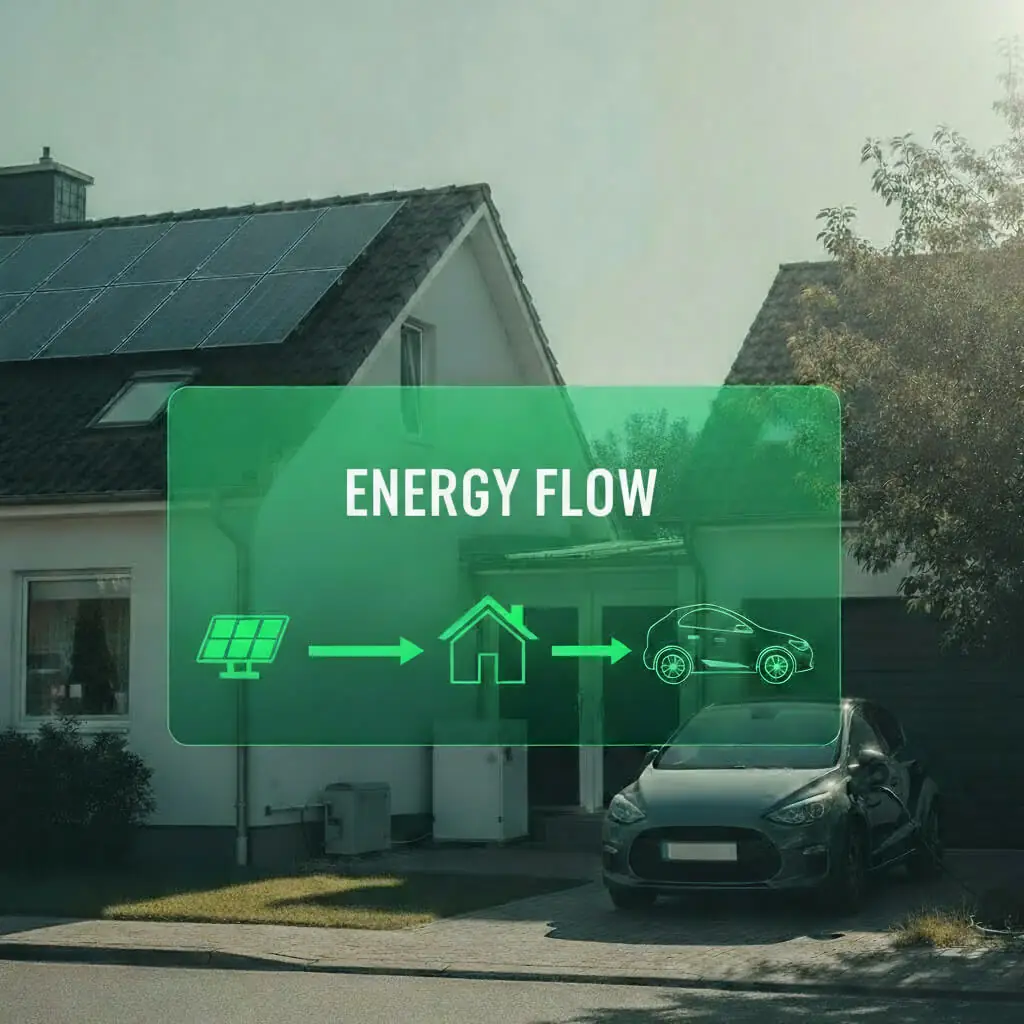 Maison avec panneaux solaires et recharge de voiture électrique, montrant la visualisation numérique du flux d'énergie.