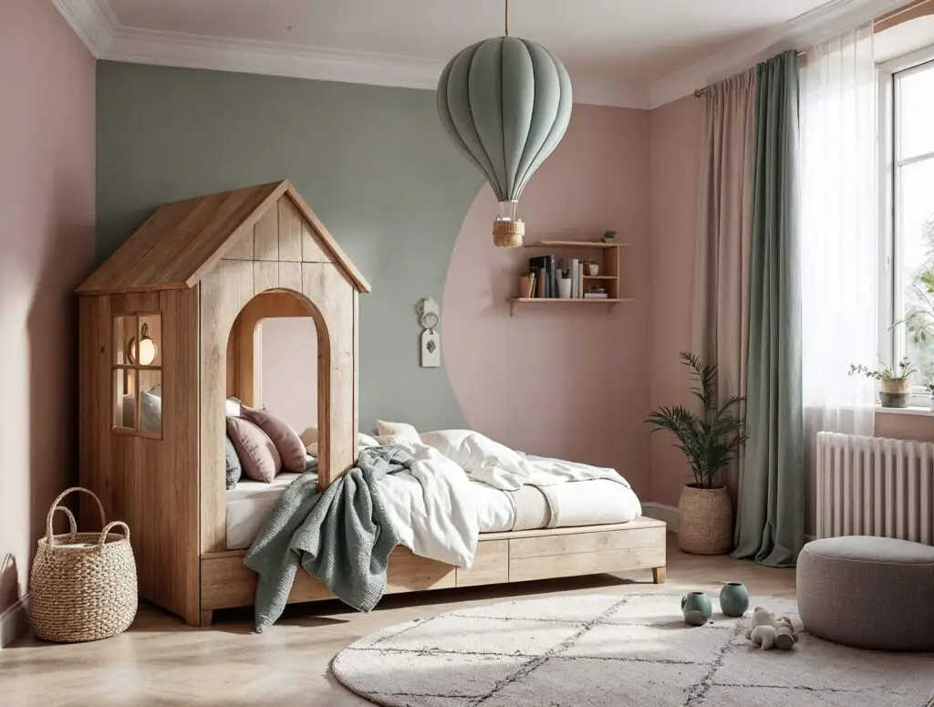 Chambre de fille luxueuse, lit cabane en bois, décoration rose poudré.