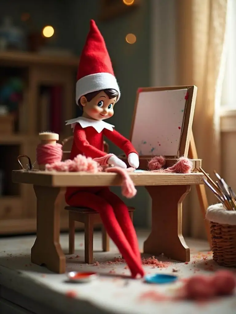 Elf on the Shelf sitting at a tiny wooden table with painting supplies, a small easel, and pink yarn, actively engaged in a craft project.