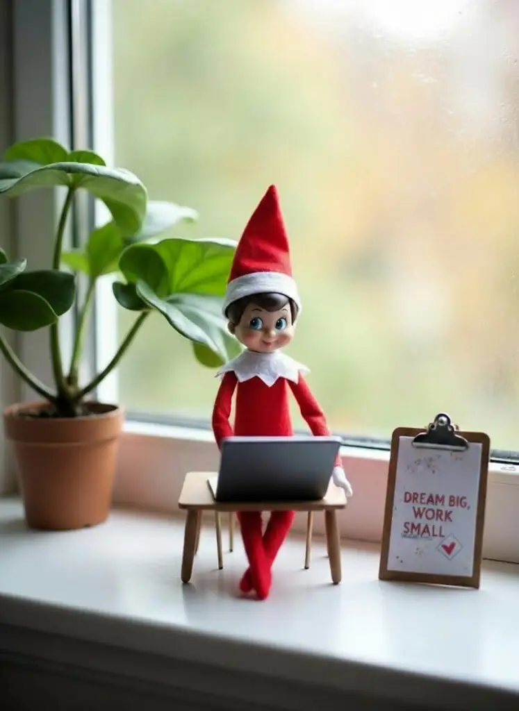 Elf on the Shelf sitting at a tiny wooden desk with a miniature laptop and a clipboard with "Dream Big, Work Small" text, next to a green plant by a window.