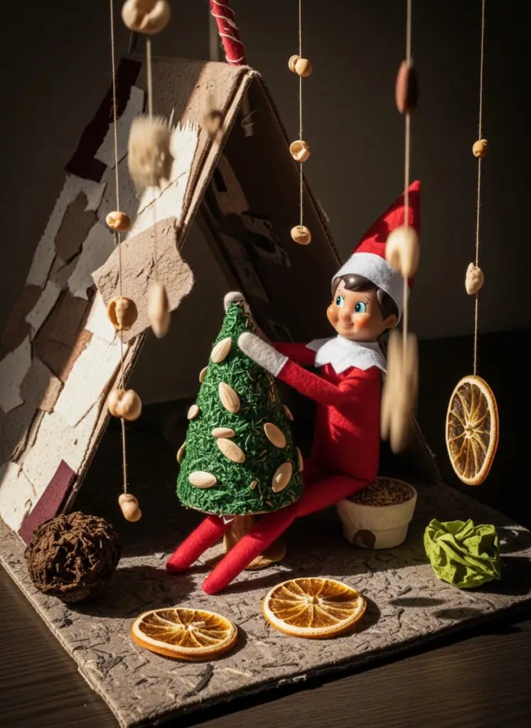Elf on the Shelf decorating a small green tree made of natural materials, next to a cardboard house, with dried orange slices and beads hanging around.