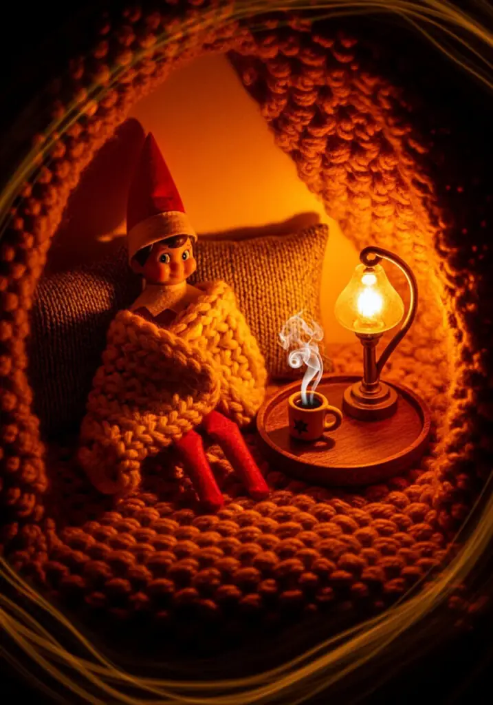 Elf on the Shelf wrapped in a chunky knit yellow blanket inside a cozy blanket fort, next to a tiny cup with steam and a small lit lamp.