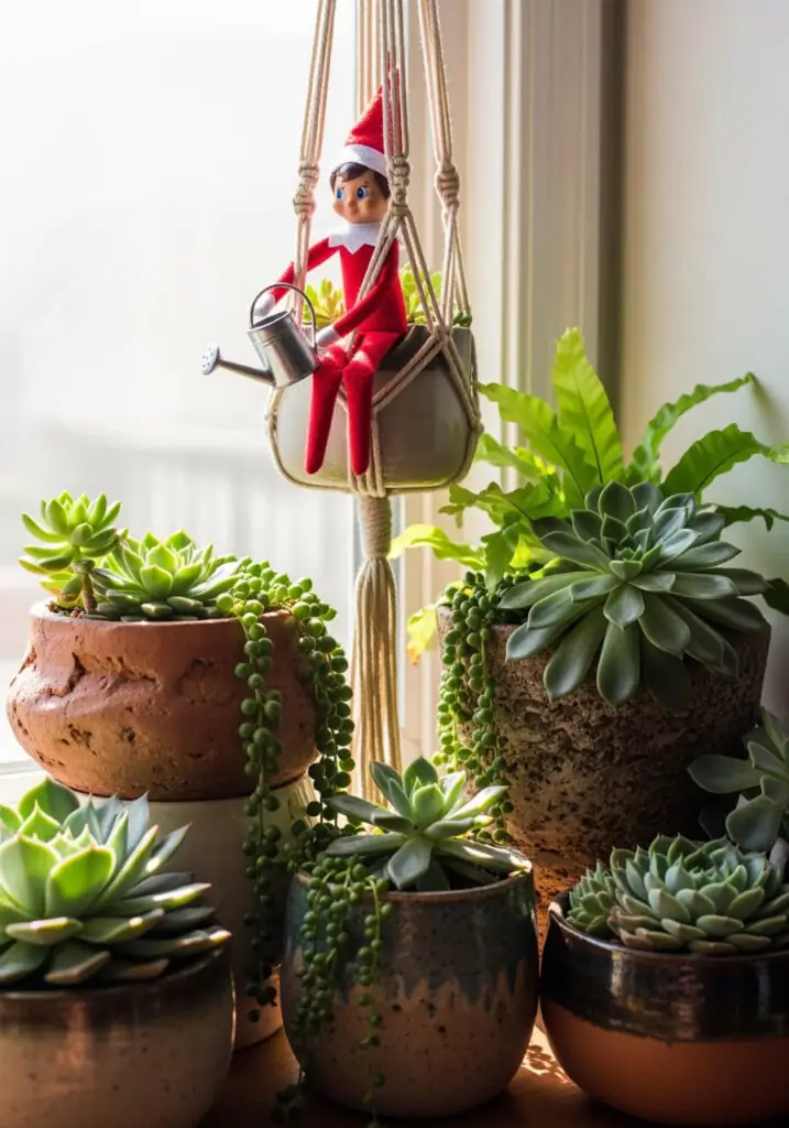 Elf sitting in a hanging macramé plant holder with a miniature watering can, surrounded by lush green succulents and ferns in terracotta pots by a sunny window.