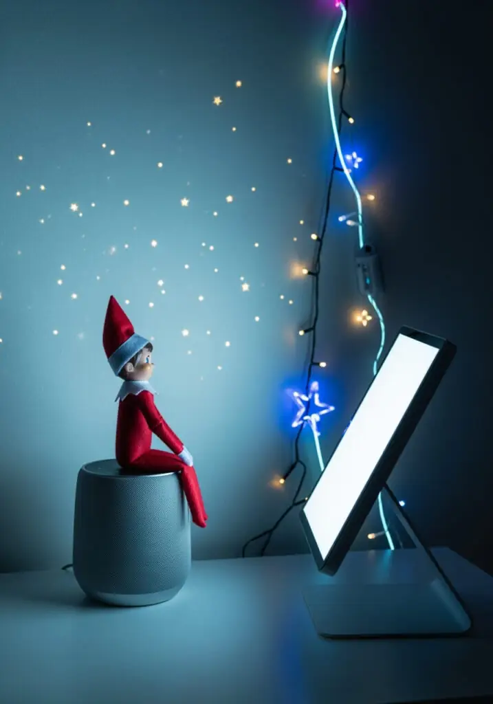 Elf on the Shelf sitting on a grey smart speaker, looking at a bright tablet screen, with twinkling fairy lights and star projections in a dimly lit room.