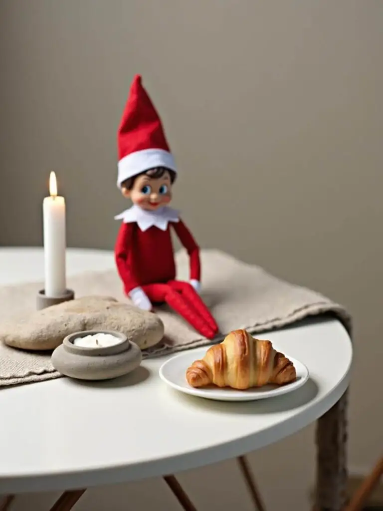 Elf on the Shelf sitting on a white table next to a lit candle, smooth grey stones, and a fresh croissant on a white plate.