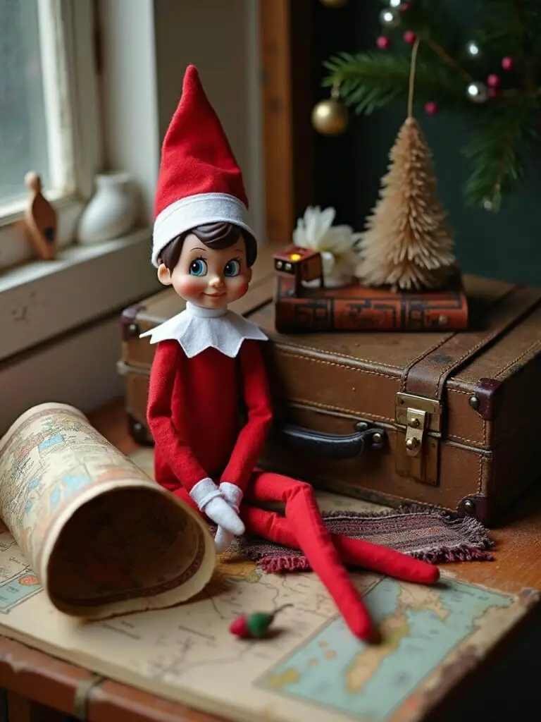 Elf on the Shelf sitting on a brown vintage suitcase next to a rolled-up map, an open map, and a miniature tree, evoking a travel theme.