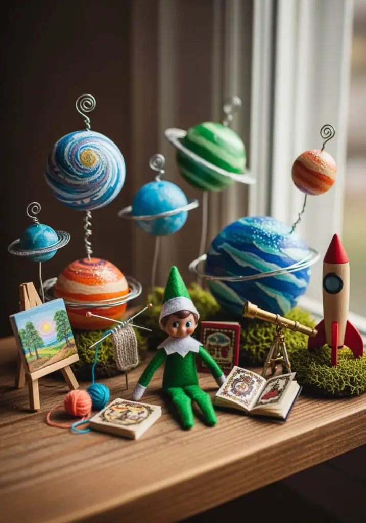 Elf on the Shelf surrounded by a miniature solar system display with planets, a rocket, an easel with a painting, knitting supplies, and tiny books on a wooden surface.
