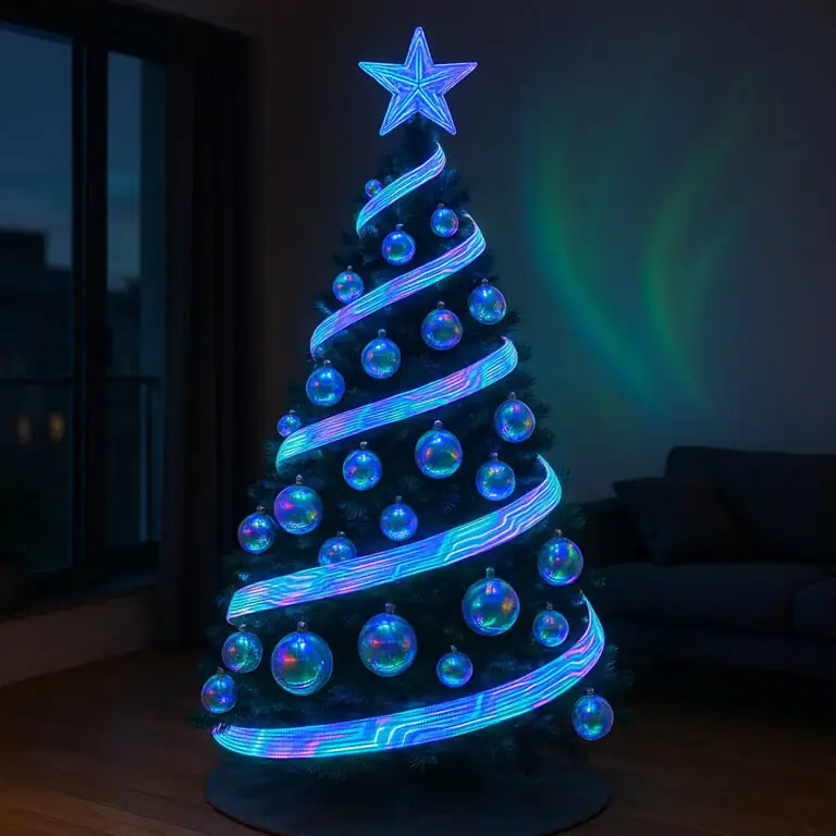 Dark Christmas tree with a prominent blue and purple LED light spiral and glowing ornaments.