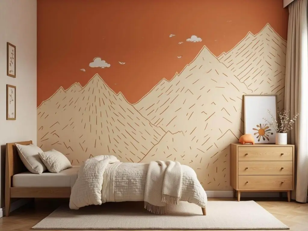 Papier peint géométrique, orange brûlé, chambre d'enfant aux tons neutres.