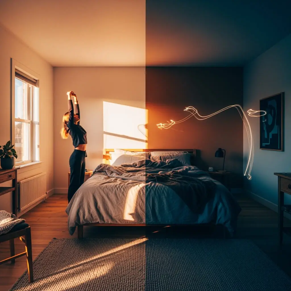 Chambre avec éclairage adaptatif simulant le lever du soleil et les tons chauds du soir, personne s'étirant.