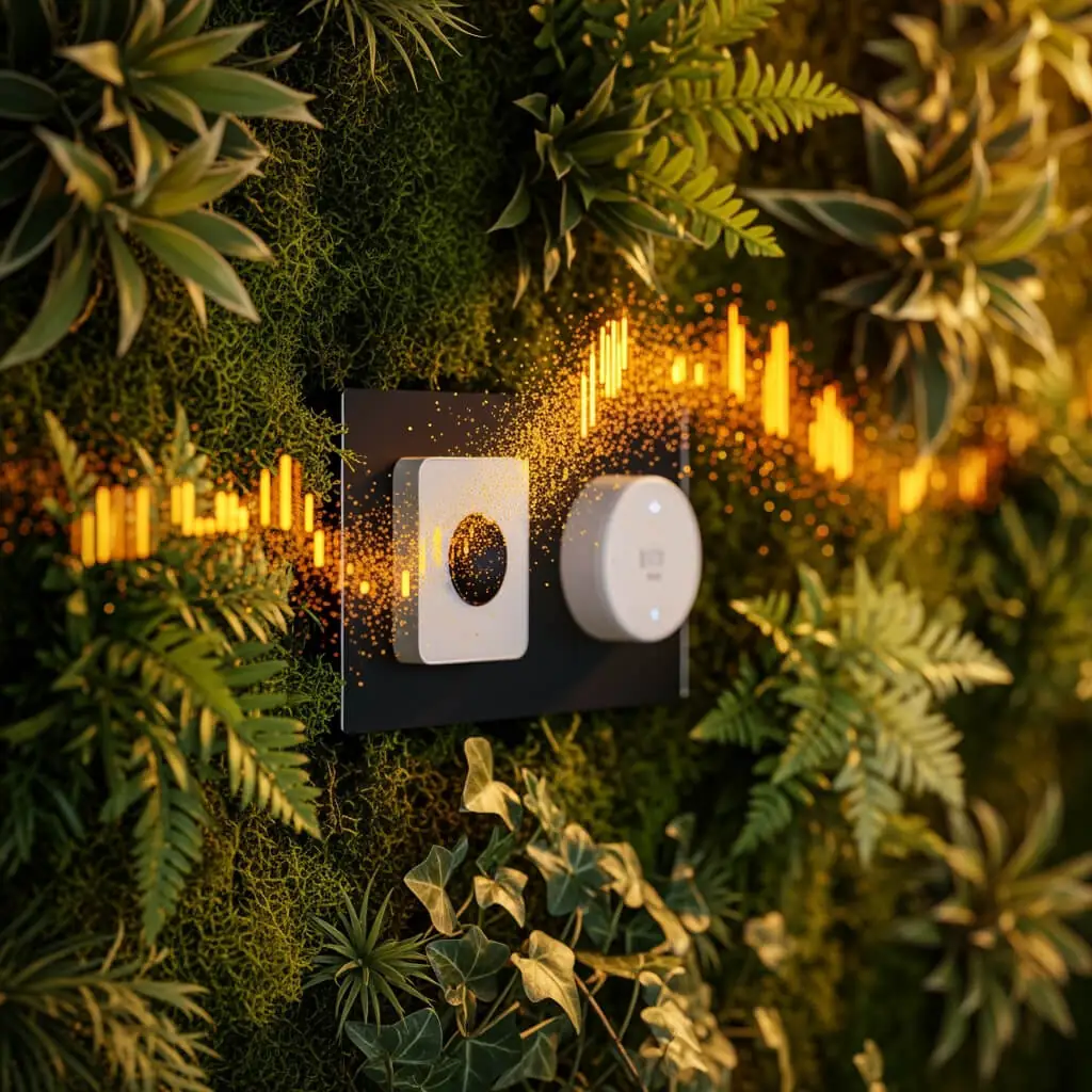 Gros plan d'un capteur mural discret avec visualisations de données holographiques sur la qualité de l'air et l'humidité.