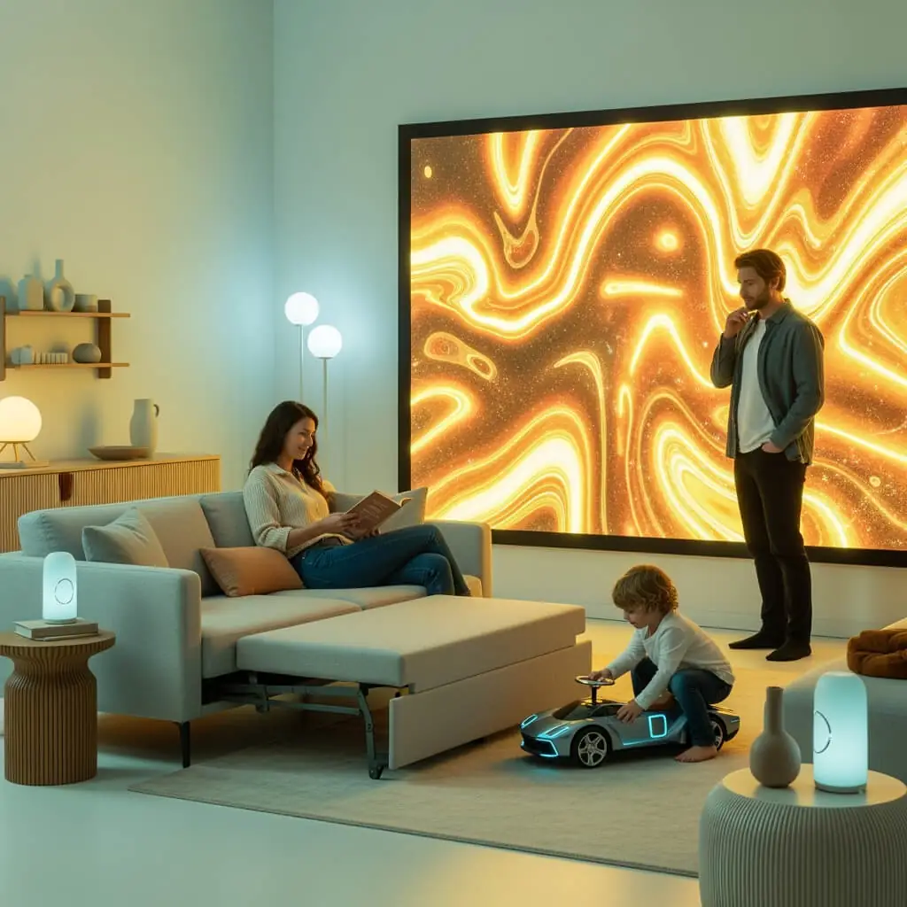 Famille dans un espace de vie dynamique avec un mur faisant office d'exposition d'art numérique et un mobilier modulable.
