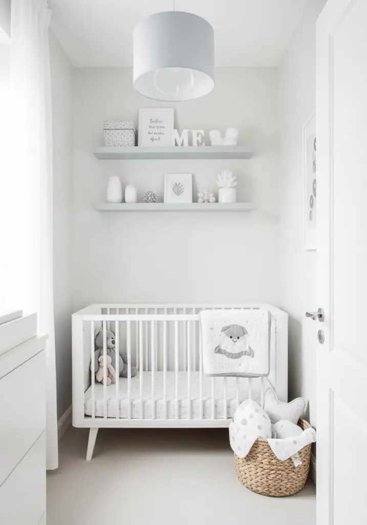 Bright minimalist nursery with white crib, woven basket, and floating shelves.