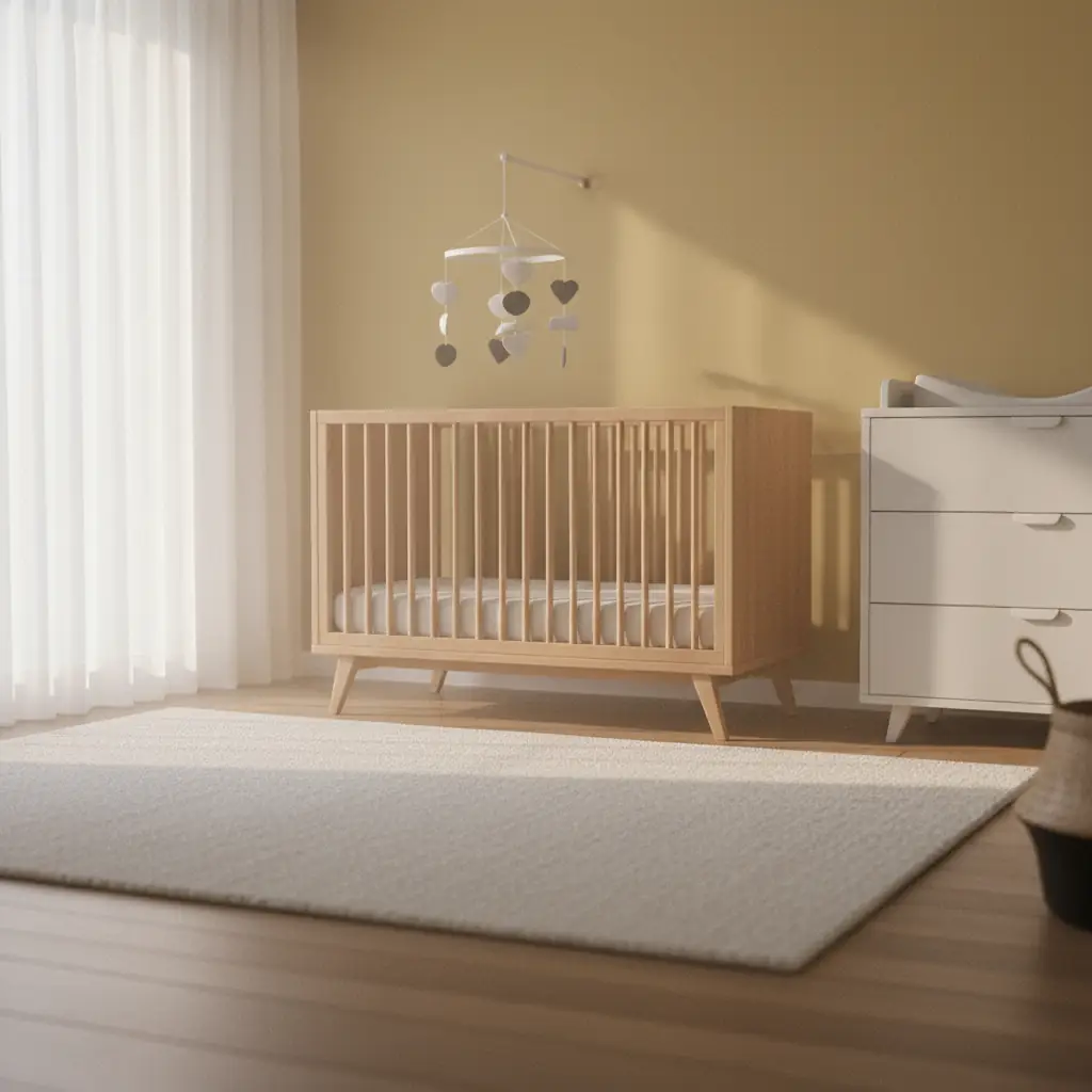 Sunlit minimalist nursery with mid-century crib, heart mobile, and white dresser.