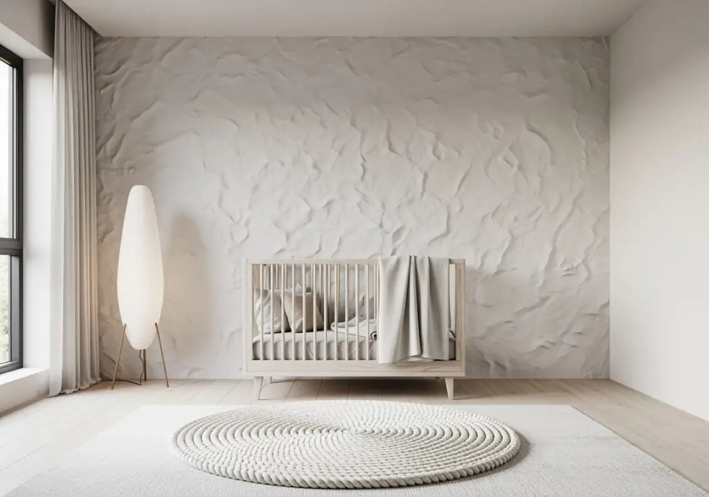 Minimalist nursery with beechwood crib against a sculpted plaster accent wall.